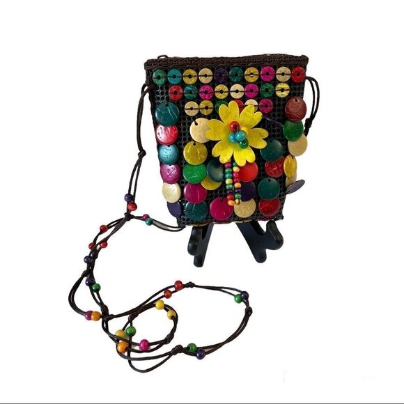 Artisan Handcrafted Coconut Shell Beaded Multicolor Mini Purse - Picture 1 of 7